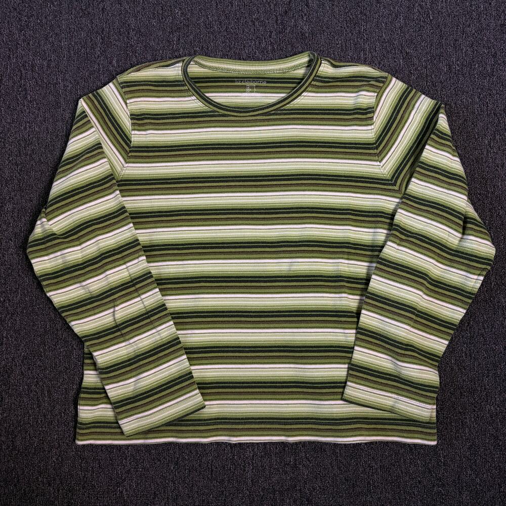 Vintage Y2k Green Striped Knit Liz Claiborne Women's Longsleeve Top Large